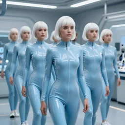 troop of identical athletic women with white hair wearing tight light blue latex suits, in formation, futuristic chemistry lab, sci - fi, highly detailed, hyperrealistic