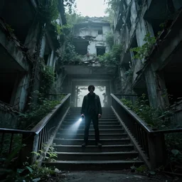 A mysterious man standing in the middle of a stair hallway looking in the direction of the camera, the man is using a flashlight in a City in ruins with vegetation growing from the destroyed buildings :: apocalyptic, gloomy, desolate :: long shot, low angle, dramatic backlighting, symmetrical photography :: cinematic shot, highly detailed
