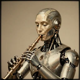a beautiful ultradetailed vintage photo of cyborg playing an oboe, by tom bagshaw and anna dittman, portrait, vignette, 2 4 mm lens, golden ratio composition, detailed face, studio photography, very detailed, cybernetic scifi, artstation, 8 k, highly coherent