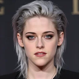Anime portrait of Kristen Stewart with silver hair, detailed, photorealistic digital art, style by Ruan Jia and Fenghua Zhong