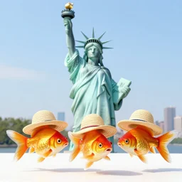 three goldfish wearing sun hats in front of the statue of liberty in new york city