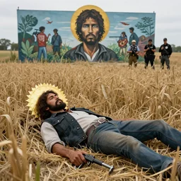 1 9 2 0 s labor mural martyred patriot fresh corpse holding nailgun lying in cornfield fbi agents in the background, goldleaf halo