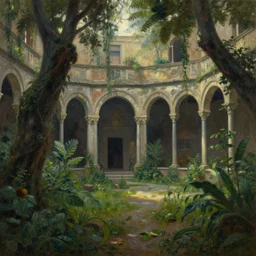 ambient light - filled courtyard, morning light, romanesque architecture, chiaroscuro, atmospheric, detailed, lush, fantastical, oil on canvas