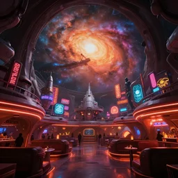 a scifi portal to a nebula, bulbous zaha hadid space-station night club interior with neon lights and signs inspired by a nuclear reactor submarine and maschinen krieger, ilm, beeple, star citizen halo, mass effect, 2001 space odyssey, elysium, iron smelting pits, warm saturated colours, atmospheric perspective, dramatic sunset nebula