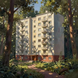 beautiful matte painting of cute soviet block of flats hrushevka in end of forest by ivan shishkin,
