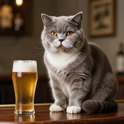 of a british longhair cat sitting at the bar next to a beer, by greg rutkowski