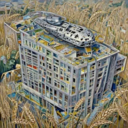 A fantastic painting of a dilapidated post-modern building on a wheat field with an abandoned spaceship parked on the roof of the building, by Atey Ghailan, Trending on artstation, very detailed