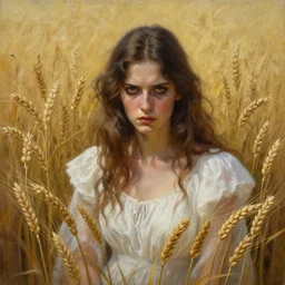 Hyper realistic detailed painting of a Paludnitsa in a lush wheat crop. Perfect face, white dress, menacing, melancholic, dreamlike, highly detailed, sharp focus, digital painting, art by Eddie Mendoza, detailed and intricate environment, highly detailed, award winning art.