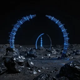 a desert composed by black metallic rock, some blue electrical arches going through the air in a black, moonless night, cinematic, high quality, 1 6 k, breathtaking quality, detailed, hyperealistic, dreamy, fantasy digital art