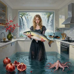 tall emo female artist holding a large fish in her flooded kitchen, pomegranates, octopus, luxury apartment kitchen, painting of flood waters inside an artist's apartment, surreal photography, ikebana, zen, rapids, waterfall, black swans, canoe, berries, impressionist digital painting, by simon stalenhag and magritte