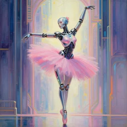 beautiful illustration of a cyberpunk android ballerina, painting by Raymond Swanland, sci-fi cybernetics, art deco, synthwave hq