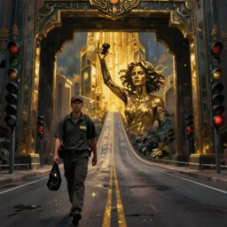 ups deliveryman walking aline, glum feeling, down art deco highway, goliath statue support beams, ayn rand raised highway, filiment buld traffic lights, golden light, dark oil painting, global illumination