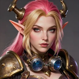 still from league of legends of head and shoulders portrait, female artificer, gray eyes, welding goggles around neck, strawberry blonde, elf, d & d, steampunk, by artgerm, facial detail, extremely detailed, comic book cover photo