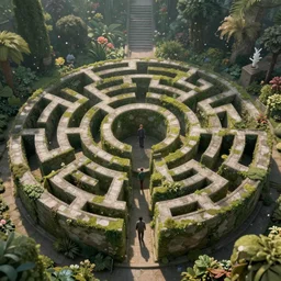 a secret magical maze at the bottom of a forgotten garden, colored dust particles fill the air, extremely detailed, sharp focus, wide view, full body shot, smooth, digital photo, by, mcbess, james jean, by rossdraws, frank franzzeta, sakimichan, jeremy lipking