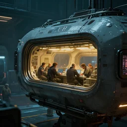 closeup of a highly futuristic passenger module of a spacecraft with engineers working at the docks, cyberpunk, moody, luminescent, rule of thirds, golden ratio, ambient lighting, syd mead, greg rutkowski, wlop, artgerm, artstation, highly detailed masterpiece