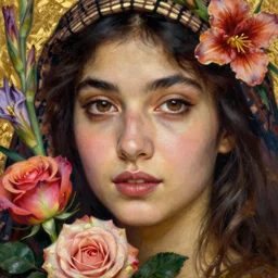beautiful portrait of an arab woman, beautiful eyes, colourful roses and gladioli, close-up, face in focus, golden ratio, intricate oil painting by John William Godward and Anna Dittman, Neo-Gothic, Neoclassical, Neo-Gothic,