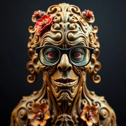 award winning photo of wooden statue of todd solondz carved into a blue green mystic matter, intricate baroque style, glasses, clear todd solondz face,, floral, evil cult, mysticism, vivid colors, fun and joyful, red and purple black, symmetrical face, beautiful eyes, studio lighting, wide shot art by sally mann & arnold newman