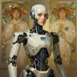 a portrait of Robot painting, highly detailed, digital painting, artstation, concept art, sharp focus, illustration, art by artgerm and greg rutkowski and alphonse mucha