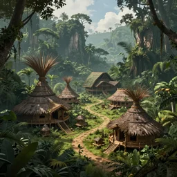 an intricate concept art of a tribal houses in the middle of the amazon rainforest, artstation, sci - fi, hyper realistic, concept art, art by dylan cole, cinematic lighting, octane render