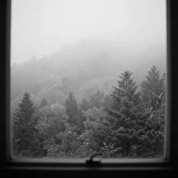 window view, misty forest, monochrome, analogue photo quality, fade, cinematic, 35mm