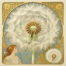 dandelion | highly detailed | very intricate | art nouveau | gold filigree | storybook illustration | soft cinematic lighting | award - winning | painted by mandy jurgens and alphonse mucha and alena aenami | pastel color palette | featured on artstation