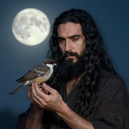 portrait of a man with long black hair and beard holding a bird in his hands, full moon in the background, fine portrait, beautiful, concept art, by greg rutkowski, style of tomer hanuka