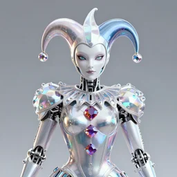 front shot of a court jester!!!! character, polished, glossy, holographic crystals, bionic futurism, robotic cyborg, 8 5 mm f 1. 8, ominous elegant highly detailed concept artstation sharp focus ray tracing cinematic masterpiece fine portrait, by artgerm greg rutkowski tooth wu beeple