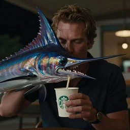 A close-up, color cinema film still of a marlin monroe drinking coffee at a starbucks, ambient lighting at night.