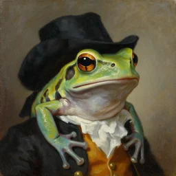a head and shoulders portrait painting of an anthropomorphic!!!!!!!!!! amazon milk frog!!!!!!!!!! wearing a colonial outfit without a hat looking off camera, a character portrait, romanticism, oil on canvas, visible brushstrokes, intense color, soft lighting