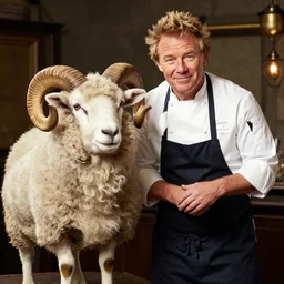 chef gordon! ramsay! as a ram sheep with horns and wool, blonde hair