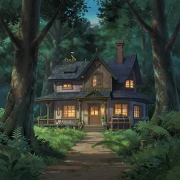 beautiful house on a forest path, beautiful ancient trees, hiding large treasure chest, serene evening atmosphere, james jean, soft lens, soft light, cel - shading, animation, in the style of cgsociety, deviantart, artstation, zbrush, cinema 4 d, studio ghibli, akihiko yoshida, atelier lulua, masamune shirow