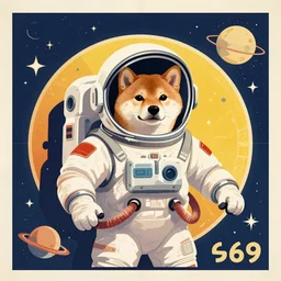 Shiba Inu cosmonaut, space walk,  60s poster, in the style of a music poster 1969