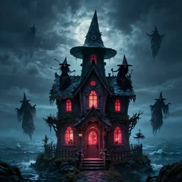 scary witches in front of a candy witch house, floating on the ocean, epic scene, fantasy, cinematic, hyper - detailed, in the style of greg rutkowski