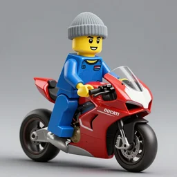 a lego minifigure wearing a blue jean and blue t - shirt, he also wears a grey beanie, he is riding a ducati panigale, 3 d octane render, artstation, concept art, smooth, sharp focus ilustration hq, octane render, hyperrealistic, aenaluck, artgerm and roberto ferri and greg rutkowski