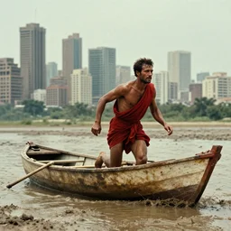 1 9 7 0 s movie still of a man in red drapery in a small flesh boat next to a non - euclidian city, eastmancolor, heavy grain, high quality, high detail, run, mud