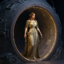 a beautiful painting of a fully clothed woman emerging from a stargate by francesca woodman by octane render blender 8 k isometric dof spot lighting