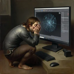 masterpiece painting of a 3d artist sad, crouched and desperate looking at the a computer screen with Autodesk Maya opened 3d software on screen wireframe, oil on canvas, renaissance