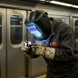 welder with welding masks in subway, leaning forward, in the style of craig mullins