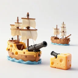 a cannon battle between two ships at sea. the pirate ship is made out of cheese. the pirate ship fires olives as projectiles at the other ship, a merchant ship made out of bread.