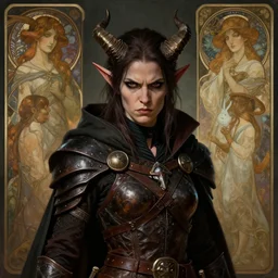 portrait of a surly and resentful female tiefling thief with small horns clothed in leather armor and a cloak, angry expression, by Greg Rutkowski and John Collier and Krenz Cushart and Artem Demura and Alphonse Mucha and Albert Aublet, as seen on ArtStation, 4k, dungeons and dragons, very aesthetic, very detailed, intricate, unreal, fantasy, dramatic, painterly, artstation, sharp focus, smooth