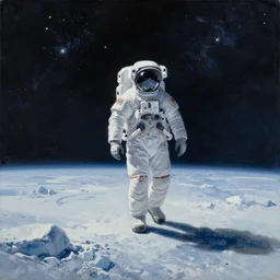 an epic painting of a futuristic solitary astronaut walking along an airless icy planet in the endless starry night of space, unreal 5, DAZ, detailed, soft focus, brilliant, 4k, 8k, HD, trending on artstation, art by Rick Guidice painting by Robert McCall by John Harris, abstract