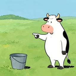 a cow points at a bucket in the style of gary larson