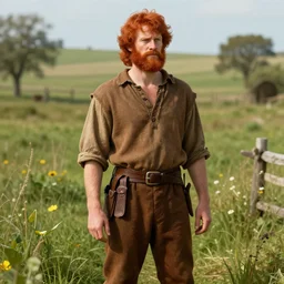 red-haired peasant man from Lilliput, brown shirt and pants, photorealistic digital art,