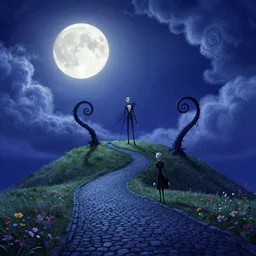 anton fadeev illustration, moonlight, blue hour, curled perspective digital art of spiral clouds cobblestone street with wildflowers top of a hill with curly palmtrees from nightmare before christmas. horton hears a who!, artstation