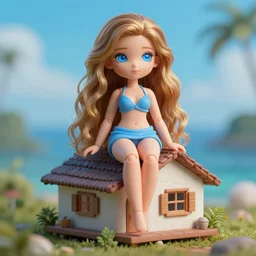 a giant macro very beautiful young c. c. sitting on a micro house, full body, long wavy hair, sky blue eyes, full round face, bikini, miniskirt,, cinematic wallpaper by stanley artgerm lau