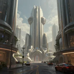 A sci-fi digital concept art painting of a street-level view of a utopic art deco city, by greg rutkowski, trending on artstation, highly detailed, matte painting