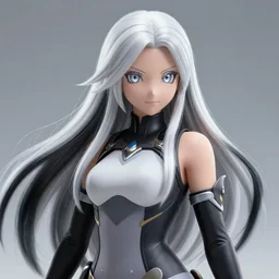 hyperrealistic + photorealistic render with very extreme intricate details, female rogue with silver + eyes and long + white + black + sleek + hair!, in the style of pokemon, 1 5 0 mm lens, medium shot, maya