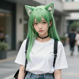 green - haired catgirl goddess, bust portrait, anime, outfit - of - the - day, instagram, inspo, street photography, fashion model, fashion model, ootd, idol, flcl cover, yoji shinkawa greg rutkowski craig mullins noah bradley mark arian, selfie, ilya kuvshinov, trending on artstation, very very very beautiful, symmetrical, vignette, photoshop, clip studio paint, paint tool sai, j. c. leyendecker wlop