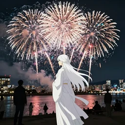 firework festival at riverbank, white hair goddess, by kyoto animation, insanely detailed. instagram photo, kodak portra. by wlop, ilya kuvshinov, krenz cushart, greg rutkowski, pixiv. zbrush sculpt, octane, maya, houdini, vfx. huge cityscape. cinematic dramatic atmosphere, sharp focus, volumetric lighting