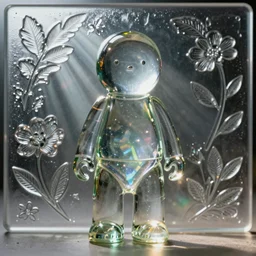 close up portrait of Uwu the shining glass figurine, in empty space, embossed panel with leaves and flowers, carefully crafted, refracting light, caustics, light rays beaming through, epic 8k, Zeiss 75mm